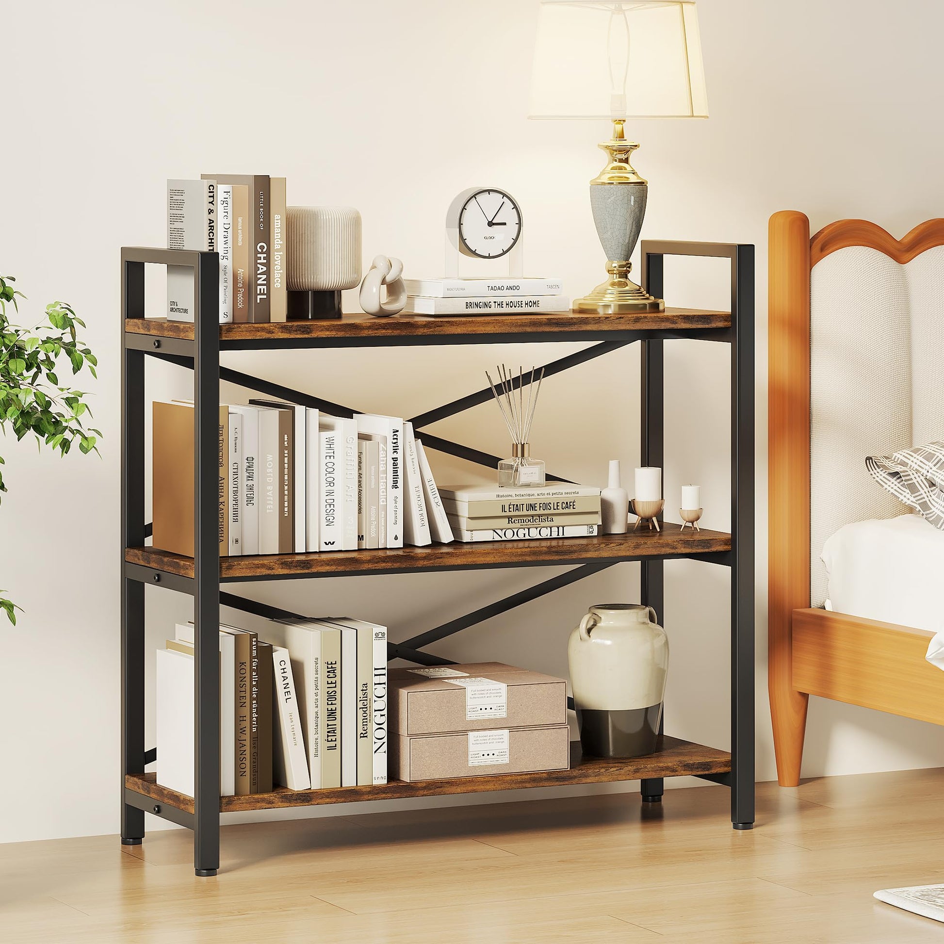 Homeiju 3 Tier Bookshelf 31.49" Width, Wood and Metal Etagere Bookcase, Vintage Farmhouse Modern Wooden Big Book Shelf for Home Living Room Bedroom Office Storage(Rustic Brown) - WoodArtSupply