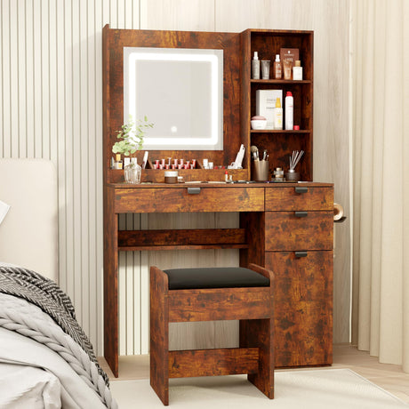 LUODIER Vintage Brown Vanity, Makeup Vanity with Mirror and Lights, Vanity Desk with Stool, Wood Vanity with Storage, Mirror and Drawers. Medium Size LUODIER