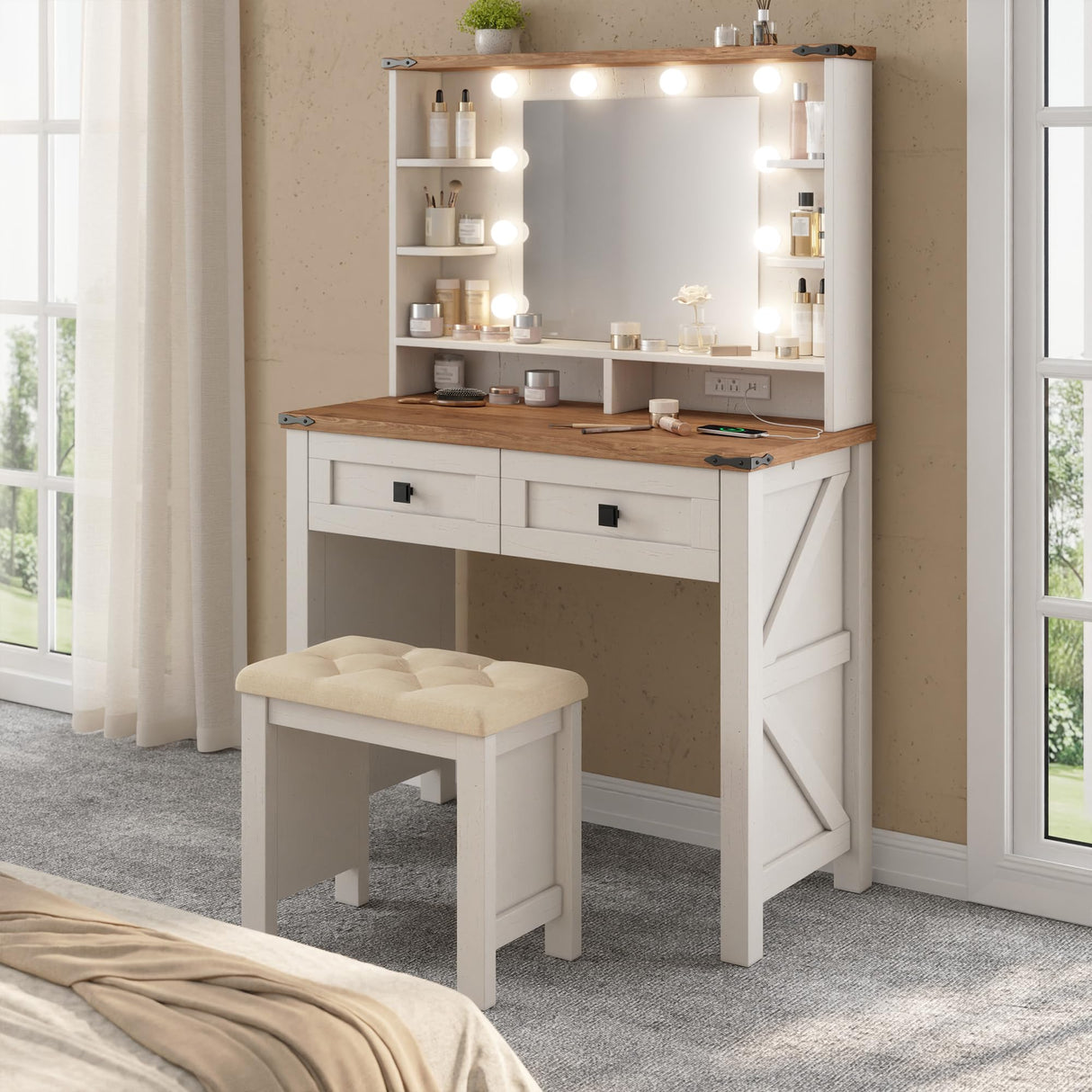 EnHomee Vanity Desk with Mirror and Lights 31.5" W Farmhouse Makeup Vanity Desk with Charging Station Vanity Table with 2 Drawers & Shelves 3 Color Modes Adjustable, Stool Not Included, Antique White EnHomee