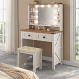 EnHomee Vanity Desk with Mirror and Lights 31.5" W Farmhouse Makeup Vanity Desk with Charging Station Vanity Table with 2 Drawers & Shelves 3 Color Modes Adjustable, Stool Not Included, Antique White EnHomee