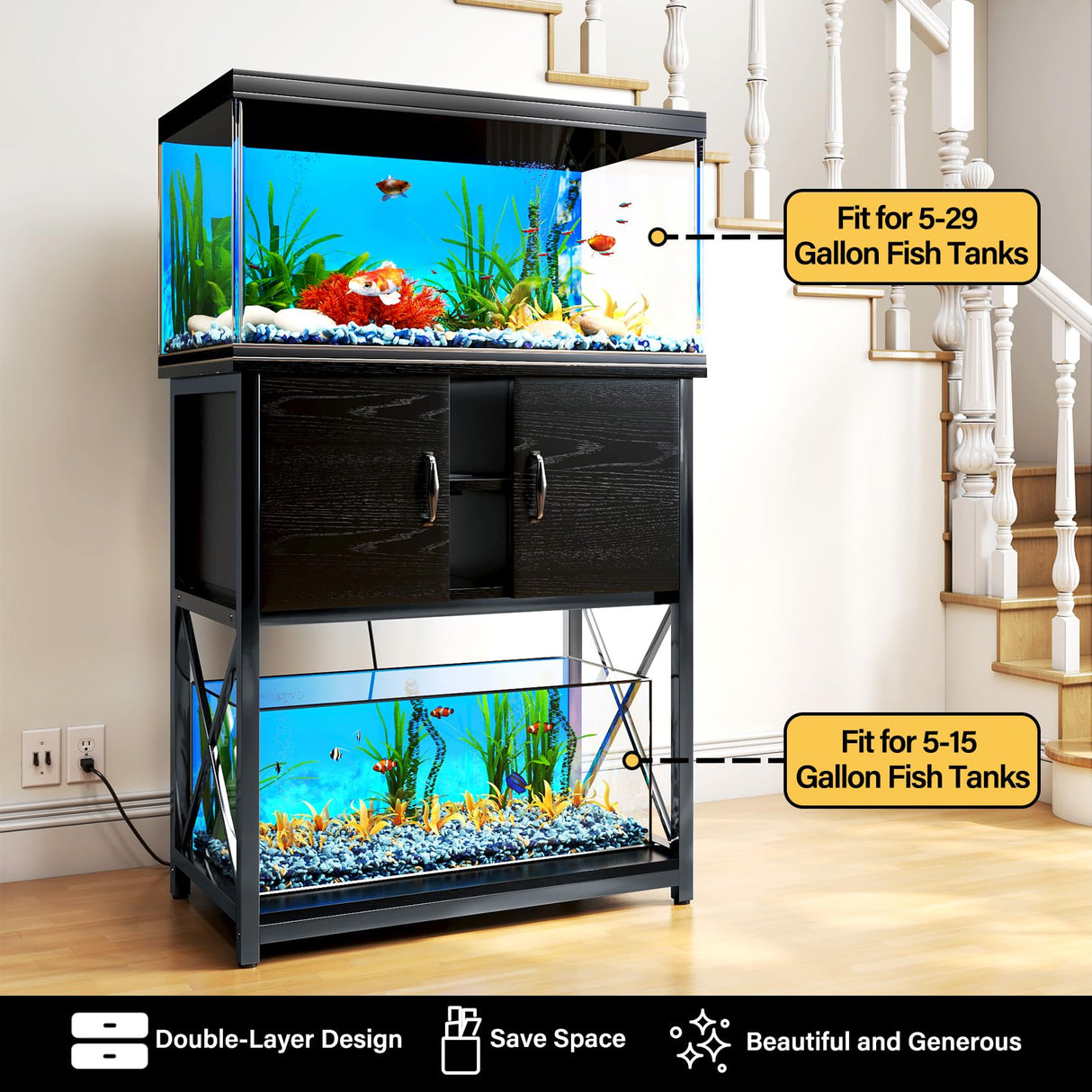 TC-HOMENY 10-29 Gallon Aquarium Stand with Charging Station and Cable Holes, Metal Fish Tank Stand with Storage Cabinet, 29" L x 16.5" W Tabletop, 880LBS Capacity TC-HOMENY