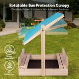 FUNTOK Kids Sandbox with Lid and Cover, Wooden Sandbox with Canopy UV-Resistant and Height Adjustable Roof, Sand Box with 2 Bench Seats for Backyard Outdoor Play(45.2x45.2in) FUNTOK