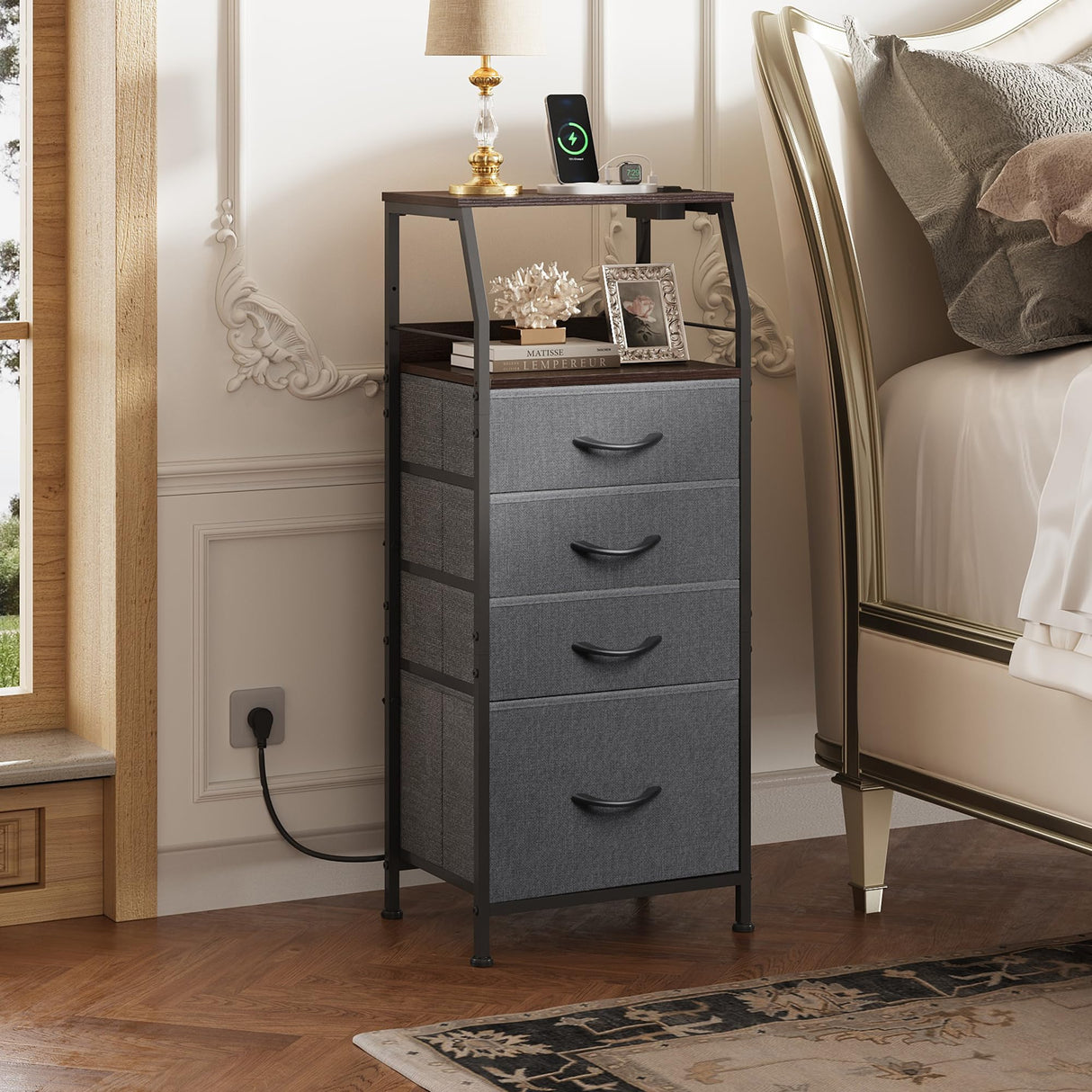 WLIVE Nightstand with Charging Station, Night Stand with LED Light, Tall 4 Drawer Dresser for Bedroom, 37" H Bedside Table with Fabric Storage Bins, Open Wood Shelf, Metal Frame, Dark Grey WLIVE