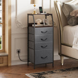 WLIVE Nightstand with Charging Station, Night Stand with LED Light, Tall 4 Drawer Dresser for Bedroom, 37" H Bedside Table with Fabric Storage Bins, Open Wood Shelf, Metal Frame, Dark Grey WLIVE