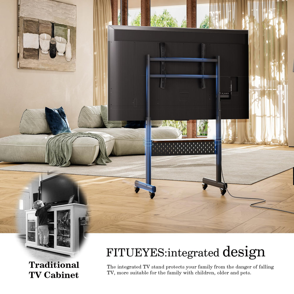 FITUEYES Rolling TV Stand for 40-85inch TV, Portable TV Stand with Wheels Holds up to 132 LBs, Height Adjustable Mobile TV Cart with Multifunctional Storage for Office, Living Room, Bedroom FITUEYES