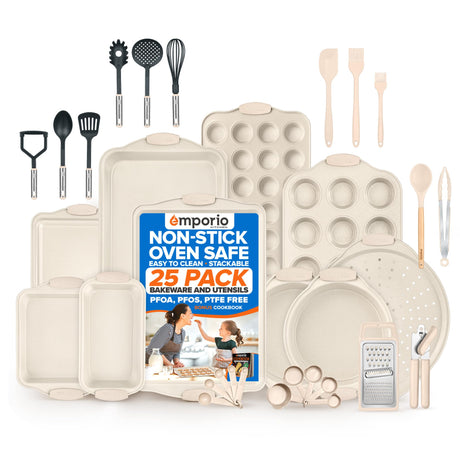 Emporio Kitchen Baking Pan Set - Nonstick Coating, Carbon Steel Bakeware Set with White Silicone Handle, PFOA, PFOS, PTFE Free, Recipe Booklet Included, Oven Safe Tray (Up To 450° F) Set of 25 - White Emporio Kitchen