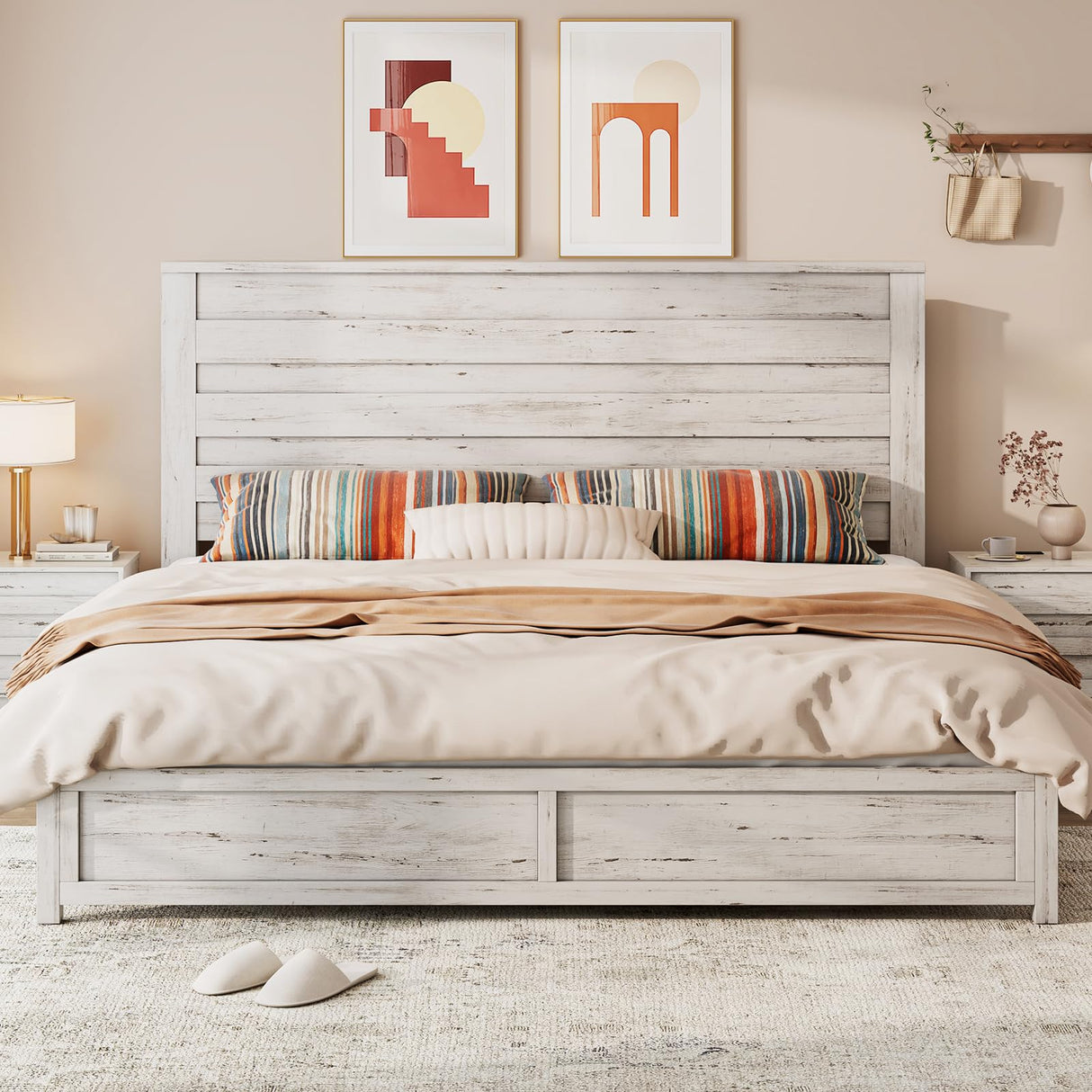 LUXOAK Farmhouse King Bed Frame with 49" Tall Headboard, Wooden Platform Beds with Hidden Metal Bed Frame, No Box Spring Needed/Easy Assembly, Distressed White LUXOAK
