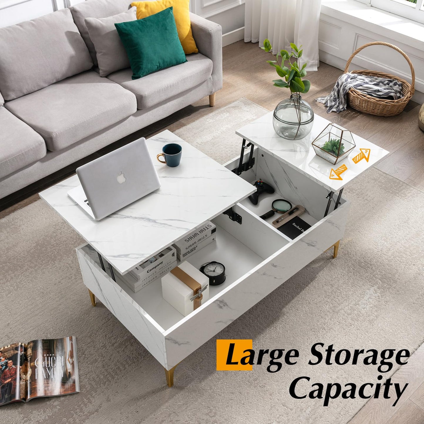 COSVALVE Marble White Table Set, includes LED TV Stand and Lift Top Coffee Table for Living Room, Entertainment Center with Storage Cabinet