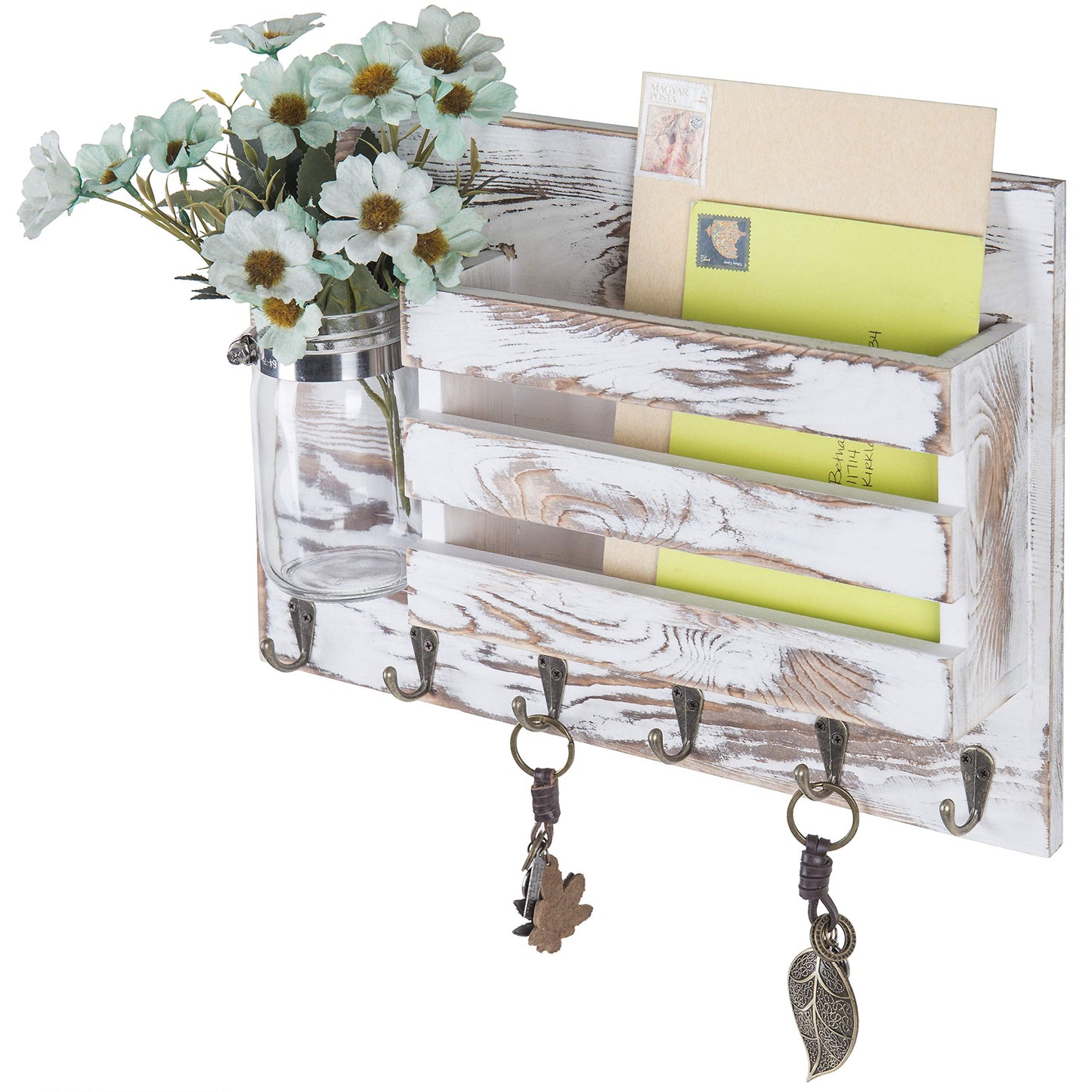 MyGift Whitewashed Wood Wall Mounted Key and Mail Organizer for Wall Rack with 6 Hooks and Decorative Mason Jar Vase