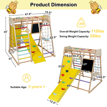 TODEFULL Indoor Jungle Gym for Kids, 10 in 1 Wooden Montessori Climbing Set with Swing Slide Climbing Net, Monkey Bar, Wood & Rope Ladder, Large Climbing Toys for Kids 3+, Rainbow