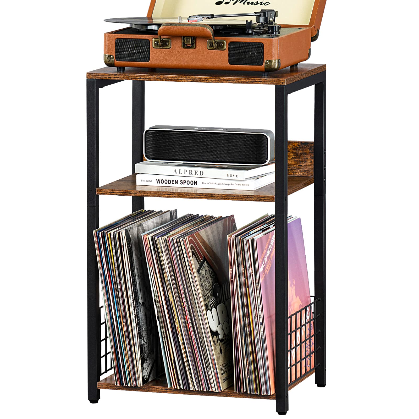 LELELINKY 3 Tier End Table,Record Player Stand with Storage Up to 100 Albums,Turntable Stand for Vinyl,Brown Records Shelf for Living Room Bedroom - WoodArtSupply