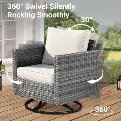 ovios 9 Pieces Patio Furniture Set with Square Fire Pit Table, Swivel Rocking Chairs, Outdoor High Back Wicker Rattan Conversation Set for Backyard Deck Porch, Beige - WoodArtSupply