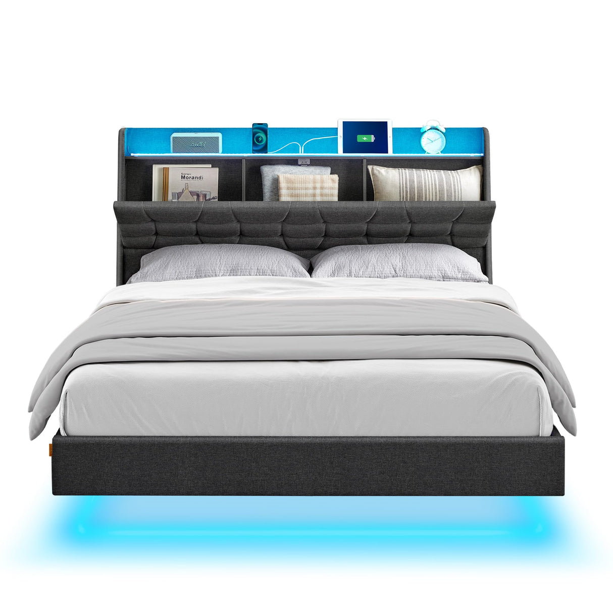 VASAGLE Dark Gray Floating Queen Bed Frame with LED Lights and Tufted Storage Headboard VASAGLE