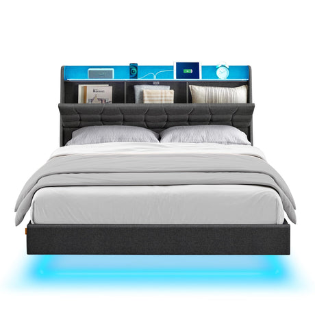VASAGLE Dark Gray Floating Queen Bed Frame with LED Lights and Tufted Storage Headboard VASAGLE