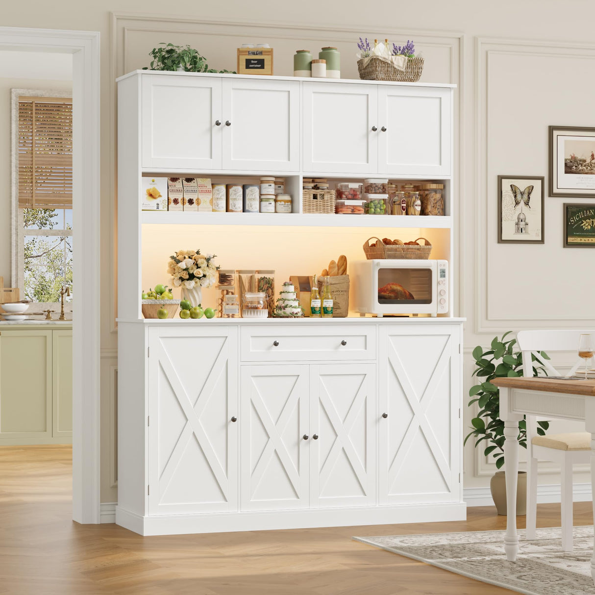 HIFIT 72.8” Tall Kitchen Pantry Cabinet with LED & Charging Station, 55” Wide Farmhouse Pantry Storage Cabinet with Microwave Stand&Shelves&Barn Doors, Kitchen Hutch Coffee Bar for Living Room, White HIFIT
