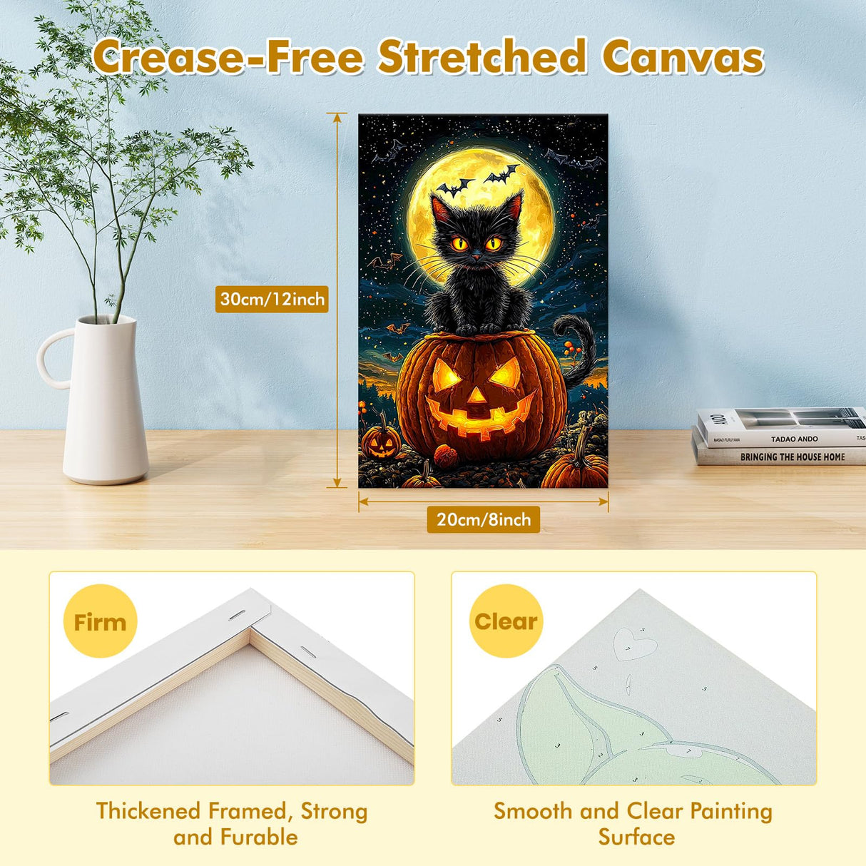 Bowetile Halloween Framed Paint by Numbers for Adults Beginners, Easy Adults' Paint-by-Number Black Cat Kits on Canvas, Acrylic Number Painting Crafts Kits Halloween Gifts for Home Decor, 8x12in Bowetile