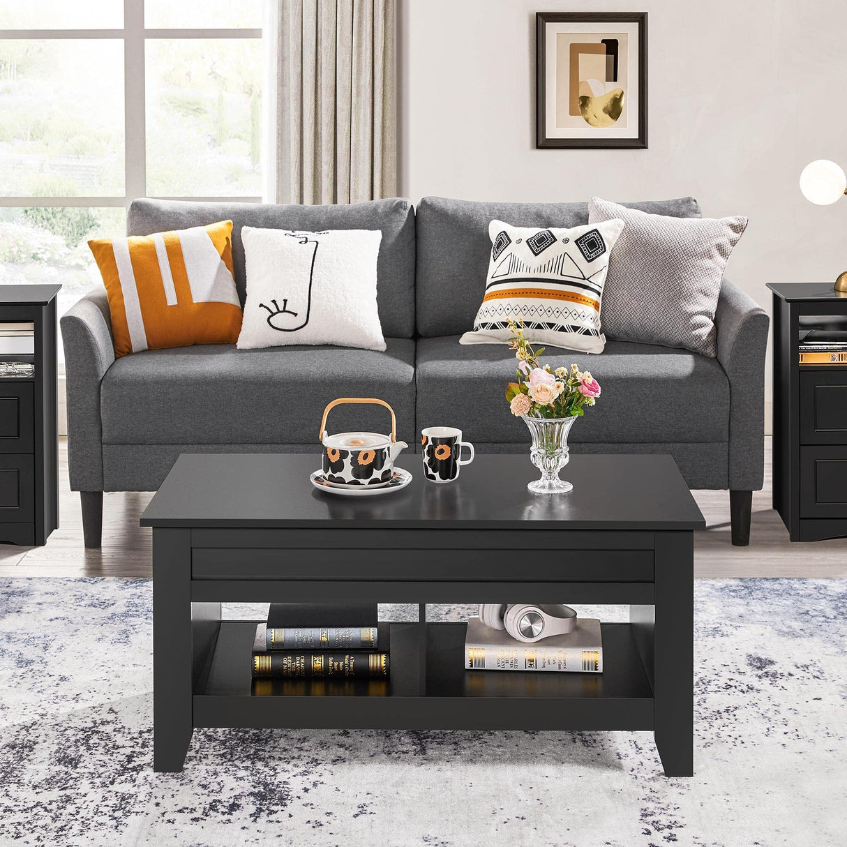 Yaheetech Black Wood Coffee Table Lift Up Coffee Table w/Hidden Storage & 2 Open Shelves for Living Room Reception Room Office, 41in L Yaheetech