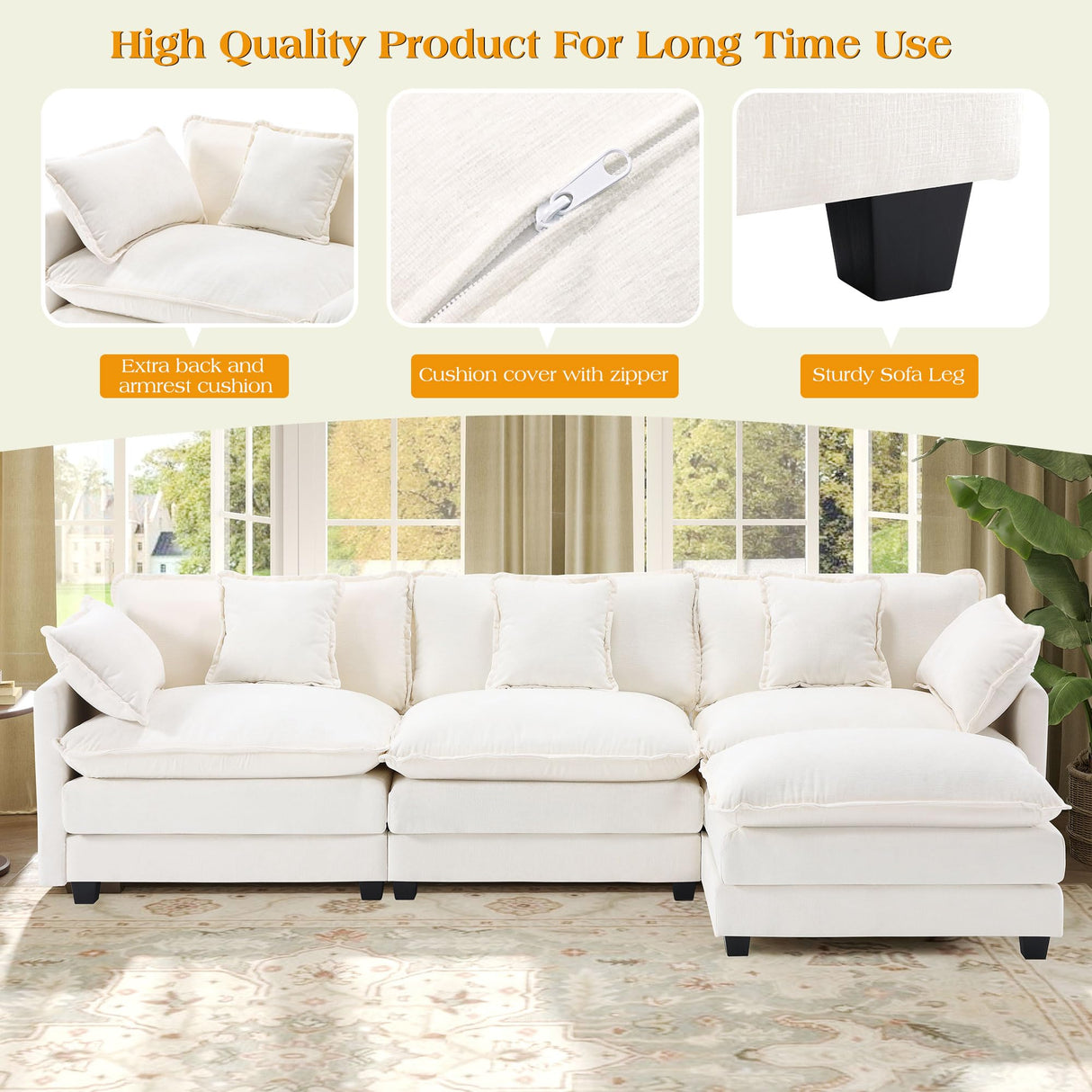 113.4" Modular Sectional Sofa,L Shaped Couch for Living Room,Modern Deep Seat Sofa 3 Seater Chenille Fabric Comfy Cloud Couches with Throw Pillows & Movable Ottoman Hanherry