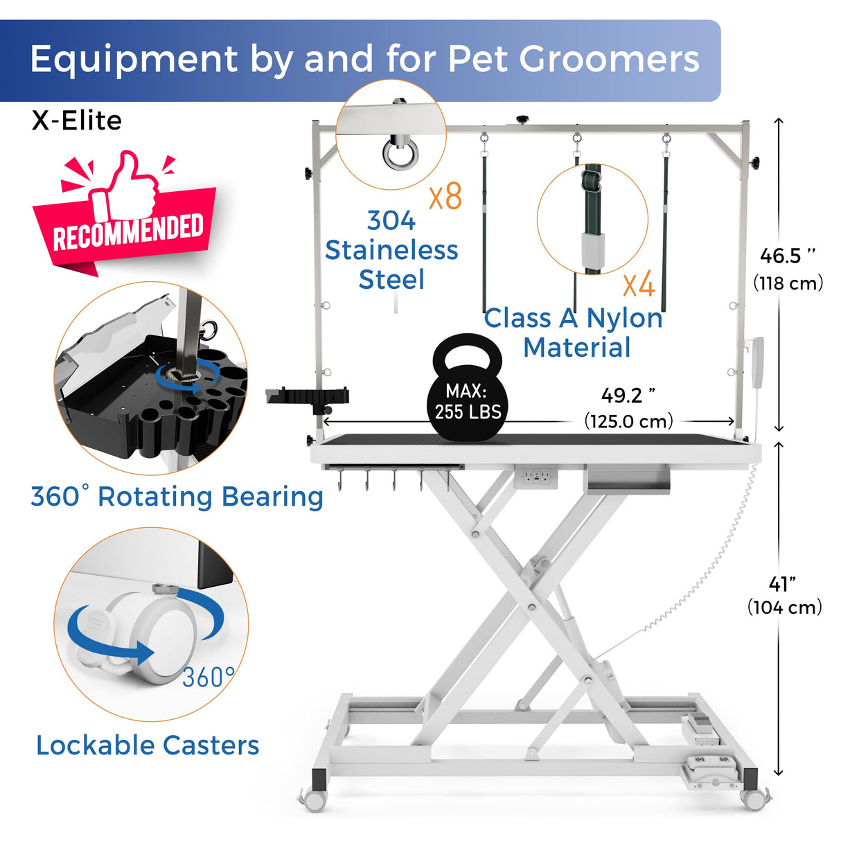 Burano Professional Super Low-Step Electric Dog Grooming Table 49.2", Heavy Duty, Anti-Slip Tabletop, Height Adjustable Dog Table with Lockable Casters, Stainless Grooming Overhead Arm Burano