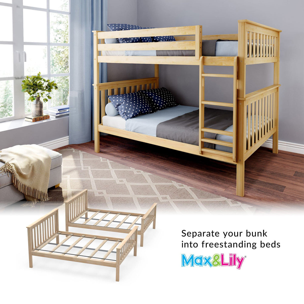 Max & Lily Natural Full Over Full Bunk Bed with Reversible Ladder and Safety Guardrails Max & Lily