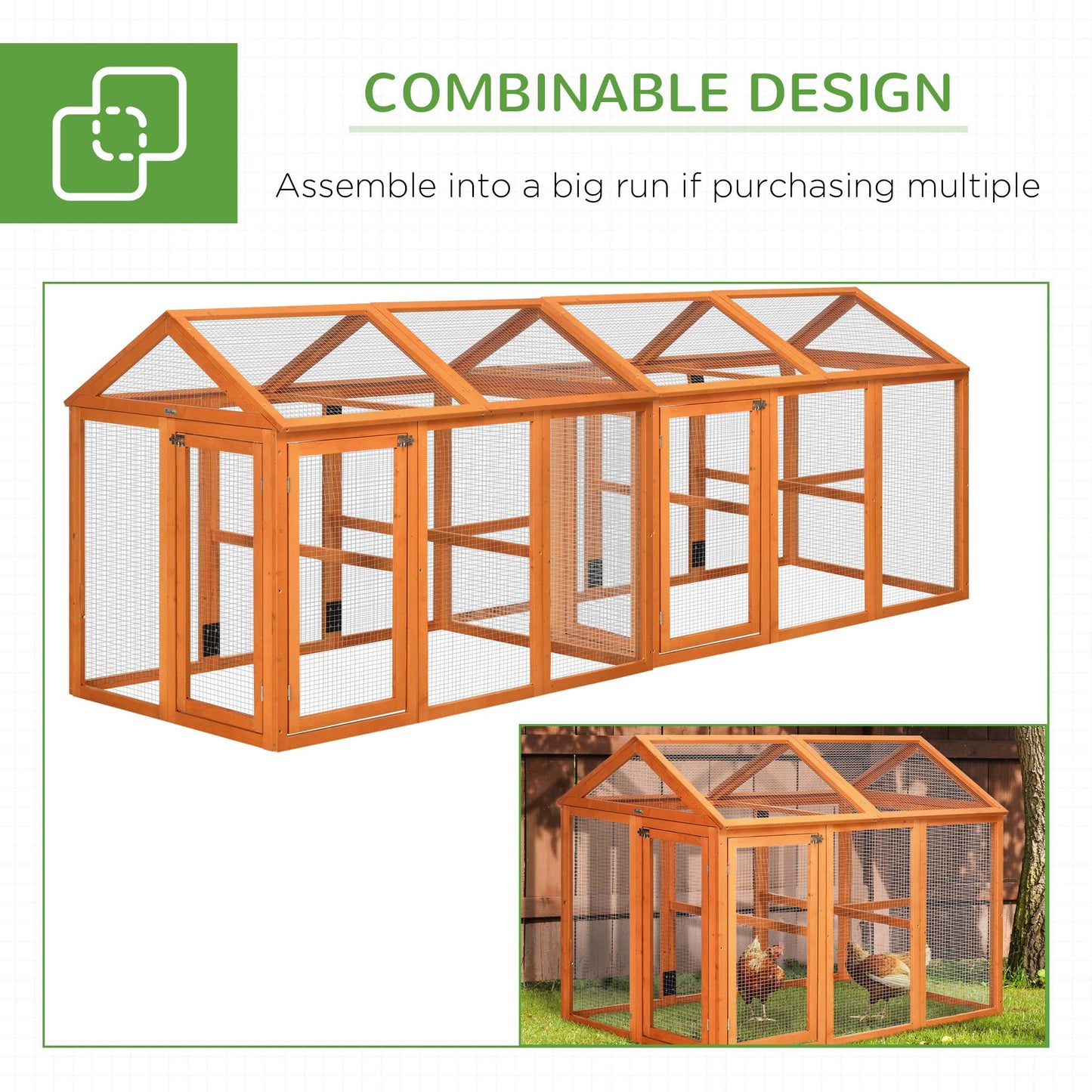 PawHut Chicken Run, Wooden Large Chicken Coop, Combinable Design with Perches & Doors for Outdoor, Backyard, Farm, 4.6' x 2.8', Orange