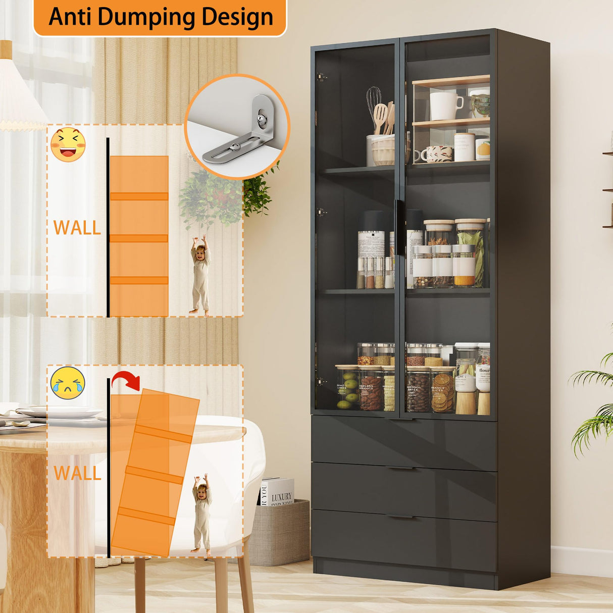 Mhsatyrs Display Cabinet with Glass Doors: 79" Black Tall Bookcase with Cabinet with 2 Doors and 3 Color Lights，Curio Bookshelf with Glass Door and 3 Drawers(Black) Mhsatyrs