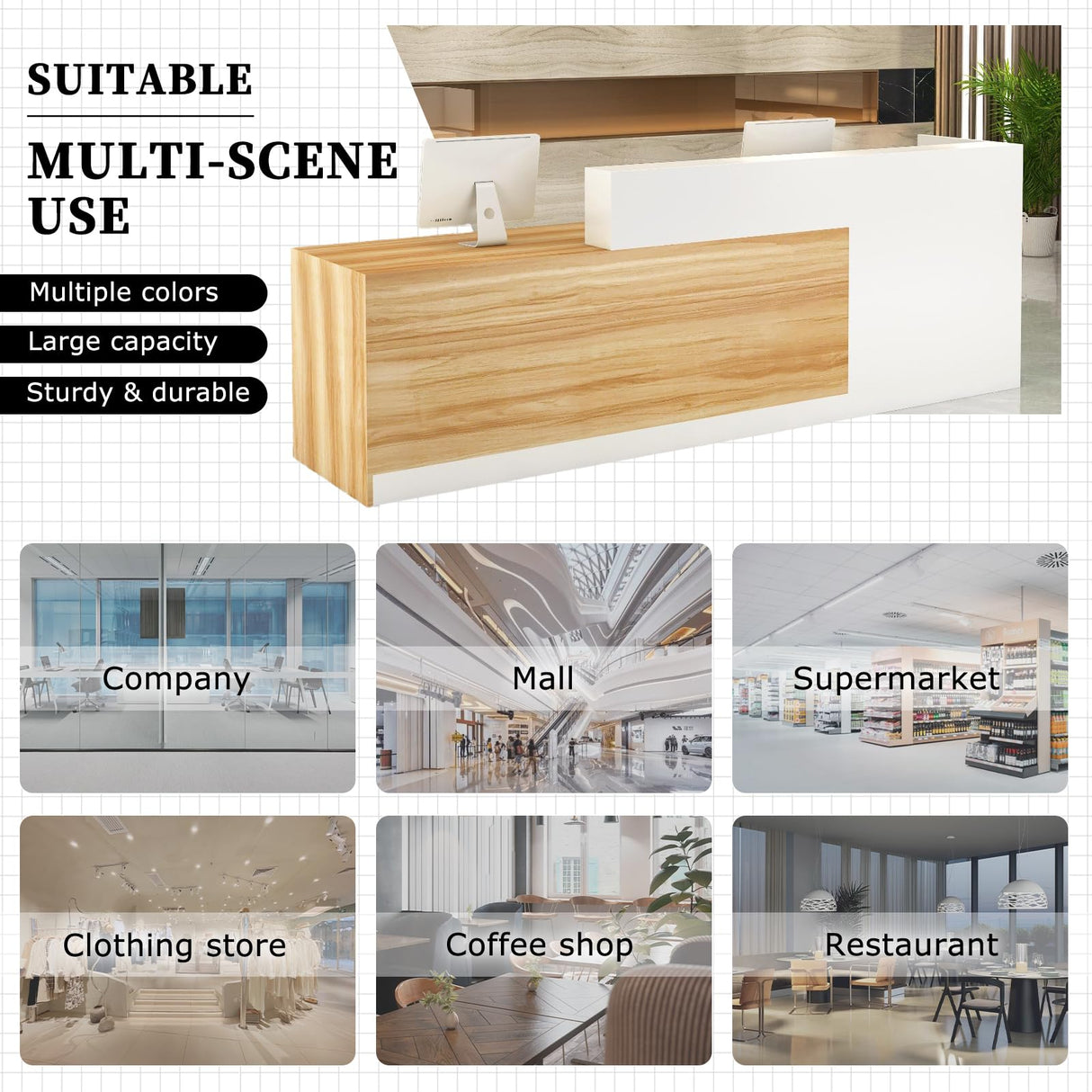 L-Shaped Reception Desk with Counter, Lockable Drawers & Storage, Modern Front Desk Reception Counter 47–118 Inch, Office Salon Checkout Receptionist Desk Wood + White Right 78.7 x 23.6 x 39.4 in Tazyee