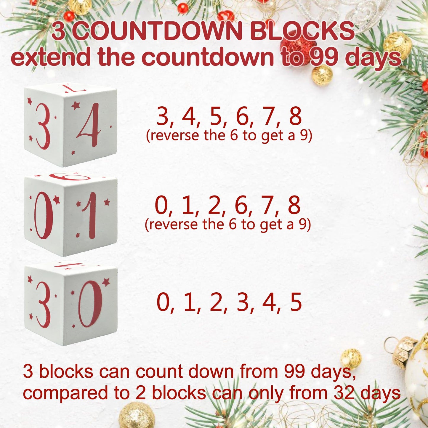 HOMirable Christmas Tree Countdown Block LED Lighted 99 Days Until Christmas Wreath Calendar Tabletop Number Date Rustic Wooden Home Decor Holiday Xmas Ornament Desk Decoration Gift