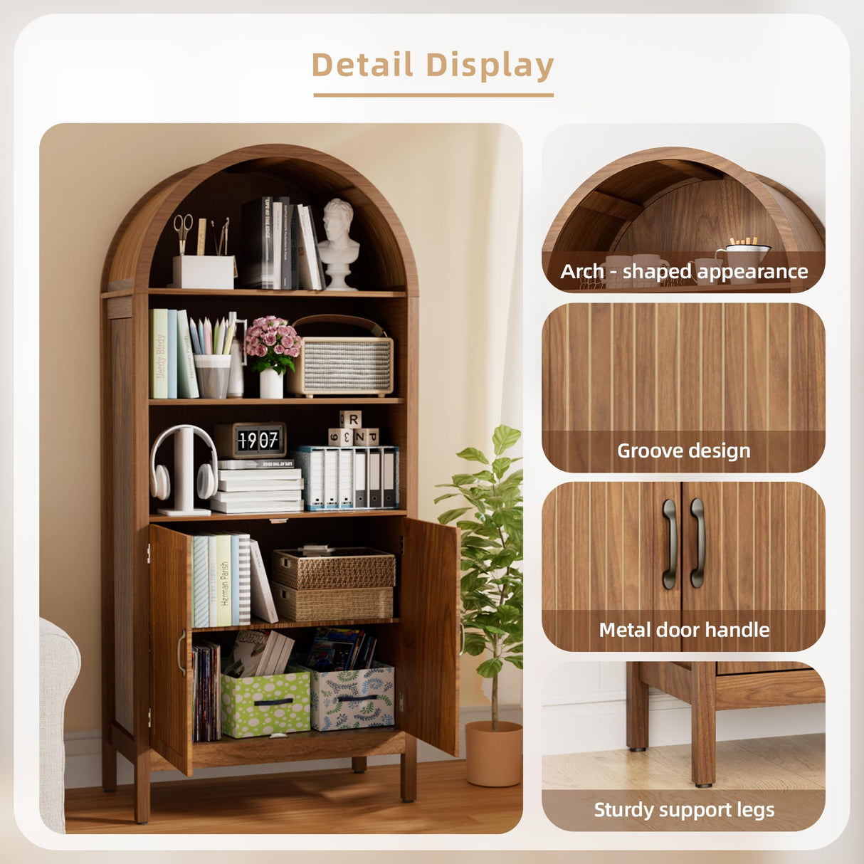 Lxsxlome 70.9" Arched Bookcase Bookshelf with Fluted Doors,5 Tier Mid-Century Modern Bookshelf Storage Cabinet,Wood Standing Tall Bookcase with Open Display Shelf for Home Office Living Room Bedroom Lxsxlome