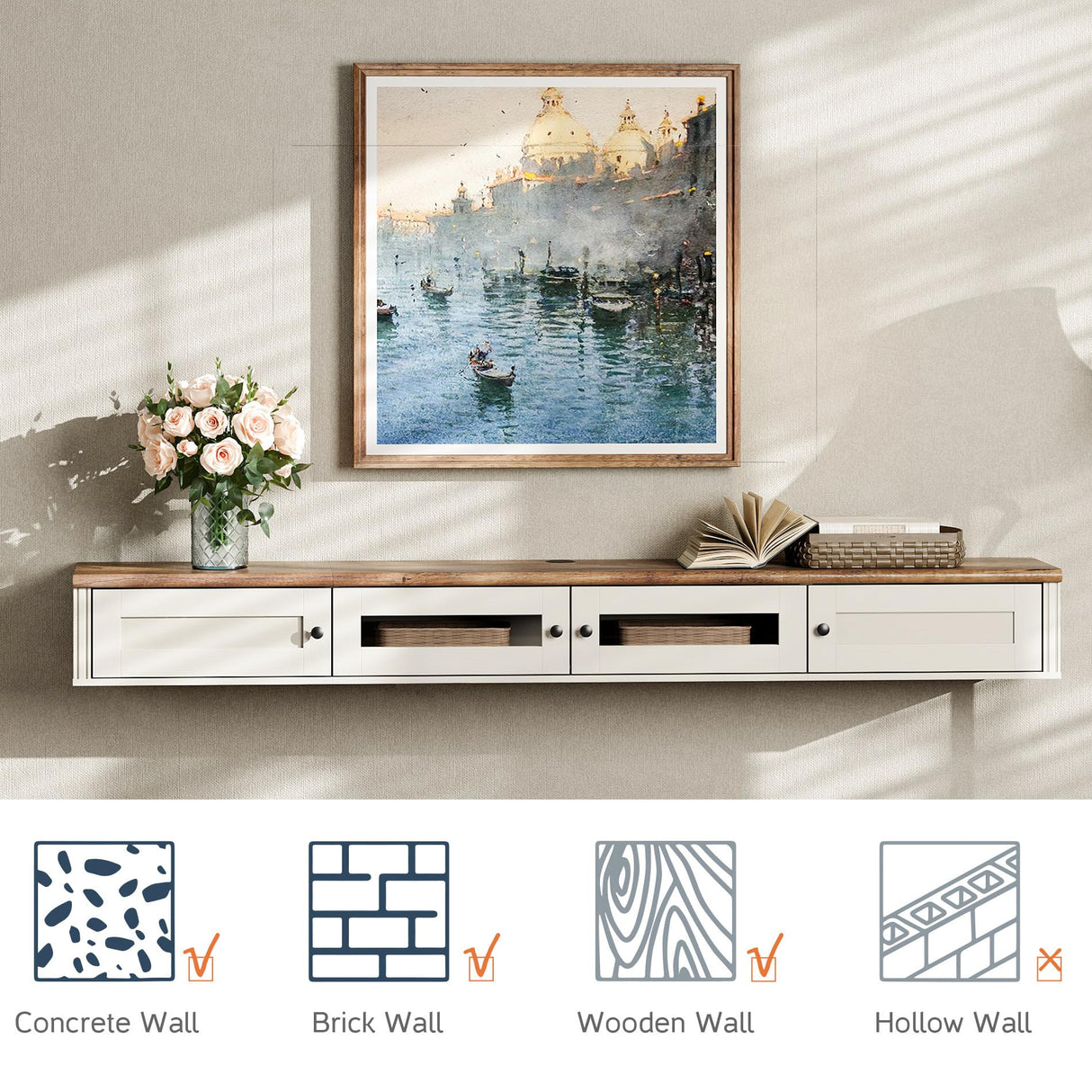 FITUEYES Floating TV Stand for 80 Inch TV, Modern Shelf Entertainment Center with Charging Station for Living Room, White Wooden Material FITUEYES