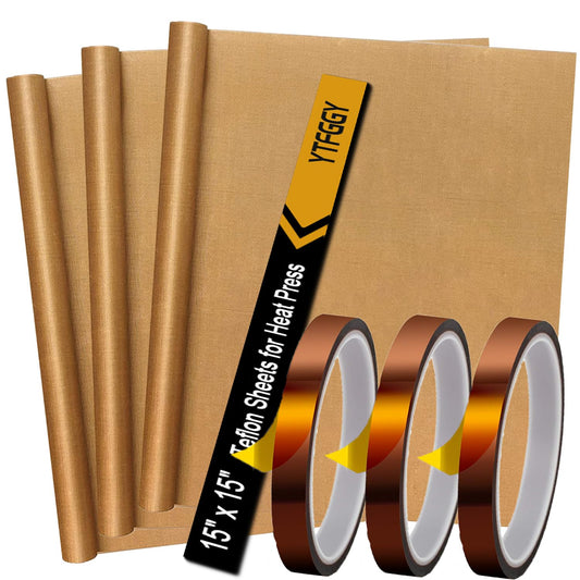 YTFGGY 3 Pack Teflon Sheets for Heat Press 15x15 and 3 Rolls Heat Transfer Tape 10mm Non Stick Transfer Sheet Heat Press Tape Set for Sublimation PTFE Teflon Sheet Heat Resistant