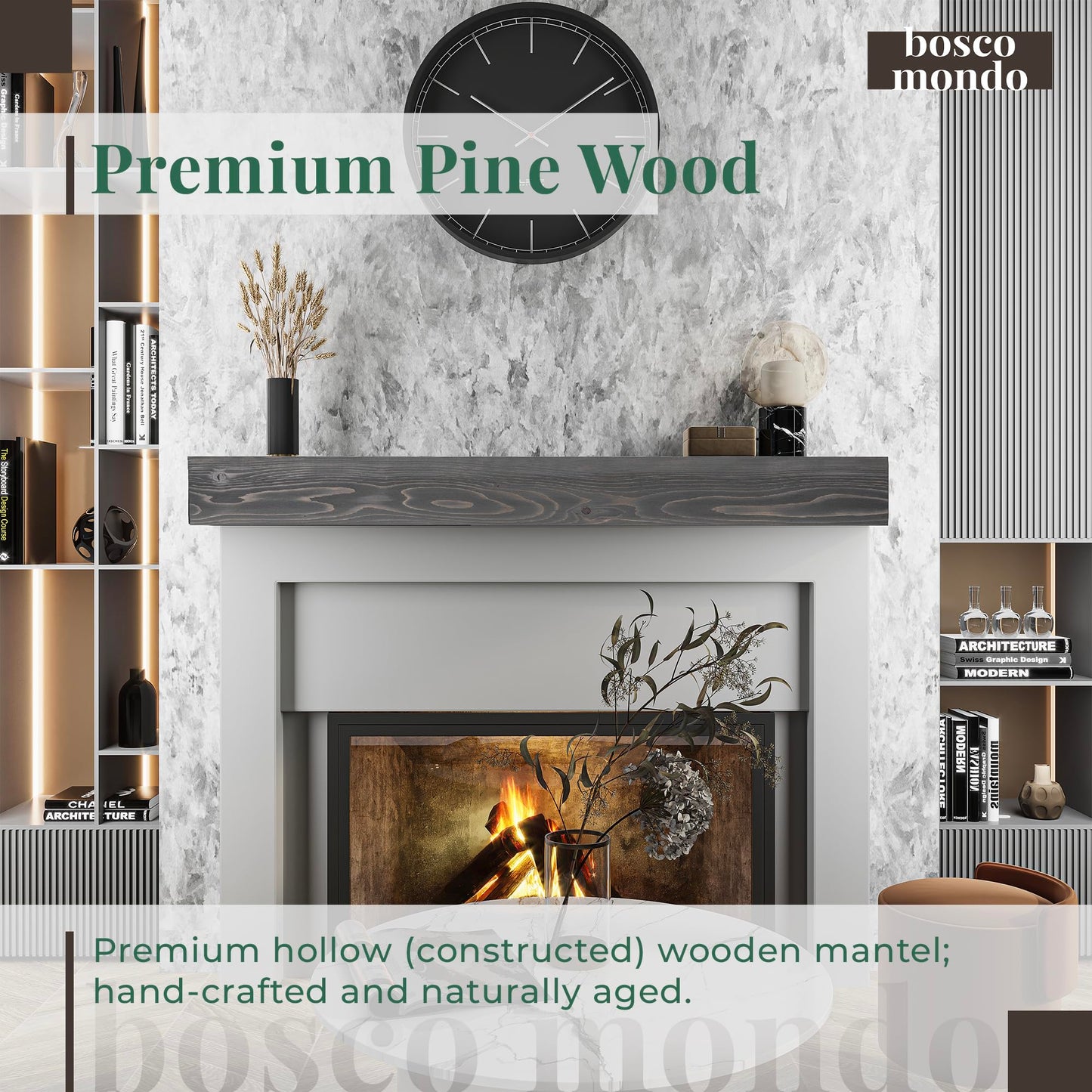 BoscoMondo Fireplace Mantel, Handcrafted Rustic from Solid Pine, Wall-Mounted Floating Farmhouse Shelf - 8"x6", 72" Grey