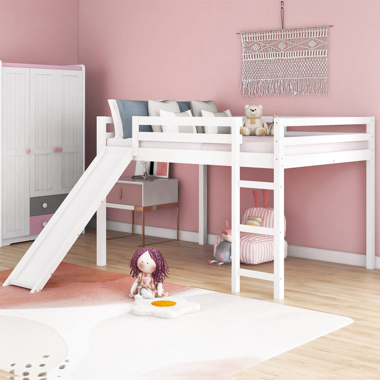 Full Size Loft Bed with Slide, Low Loft Bed with Ladder & Safety Rail, Wooden Full Loft Bed Frame for Kids Teens Girls & Boys, No Box Spring Needed, Easy Assemble (Full, White) Harper & Bright Designs