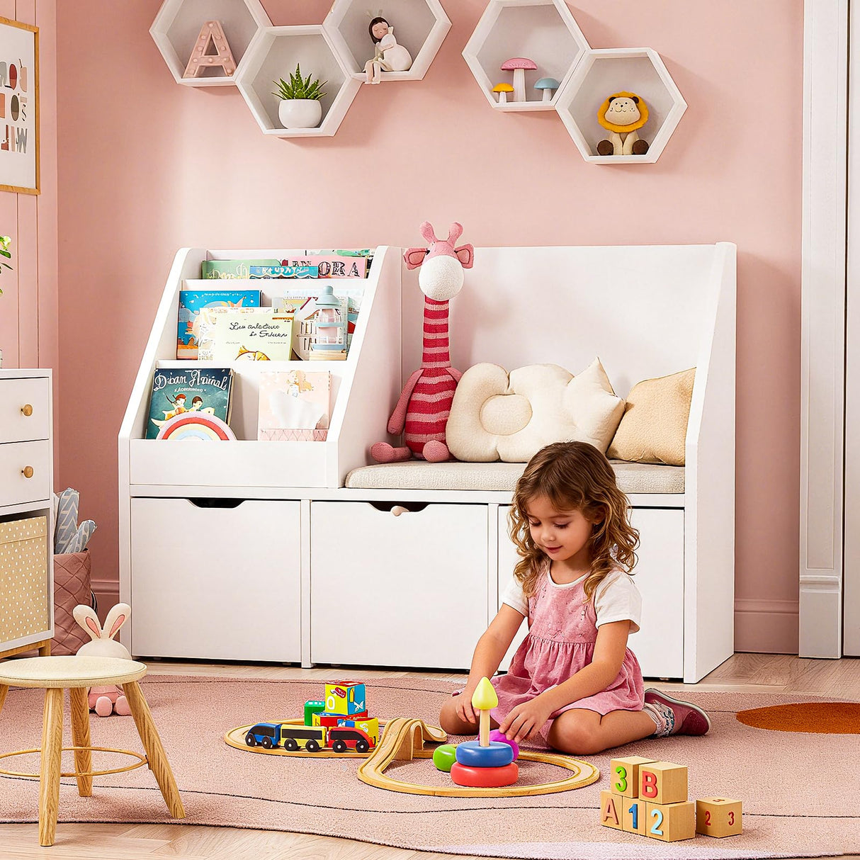 40" Kids Reading Nook with Bench, Toy Storage Organizer and Bookshelf with Seat Cushion, Kids Bookshelf with 3 Movable Drawers, Toy Storage Box on Wheels, Ideal for Nursery, Playroom, Bedroom, White Teckid