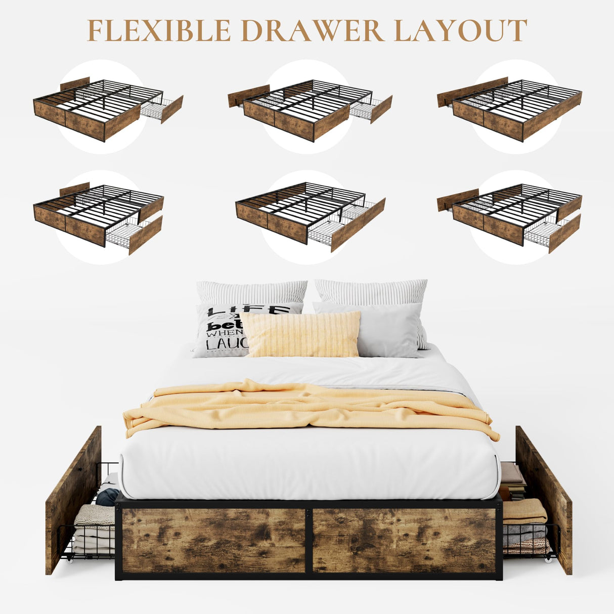 SHA CERLIN Queen Platform Bed Frame with 2 Large Storage Drawers, Rustic Wood and Metal, Noise-Free, Easy Assembly, No Box Spring Needed, Brown SHA CERLIN