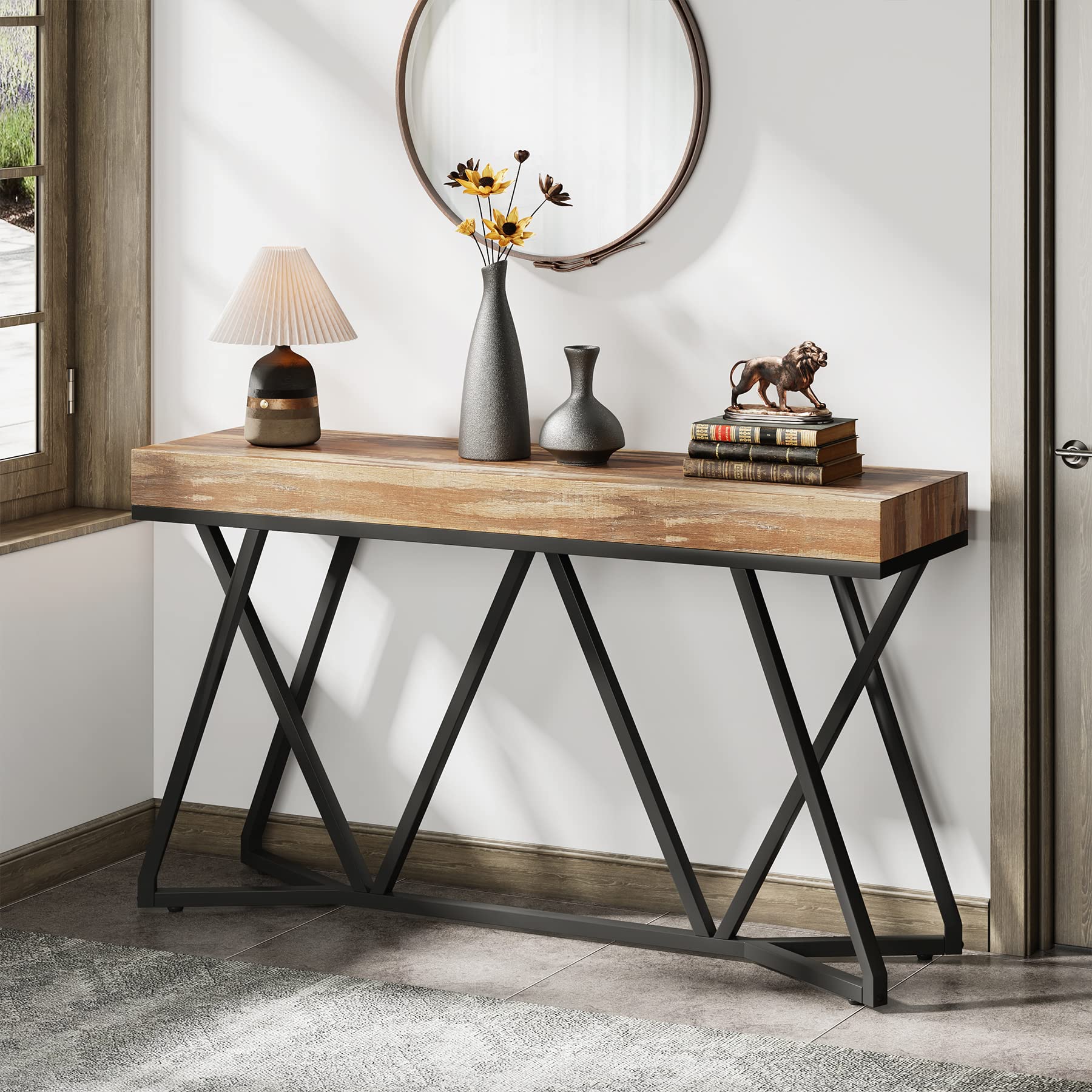 Tribesigns 55 Inches Console Table, Farmhouse Sofa Table Wood Entryway Table with Unique Metal Base, Behind The Couch Table Foyer Table, Industrial Accent Table for Hallway, Living Room, Entr - WoodArtSupply