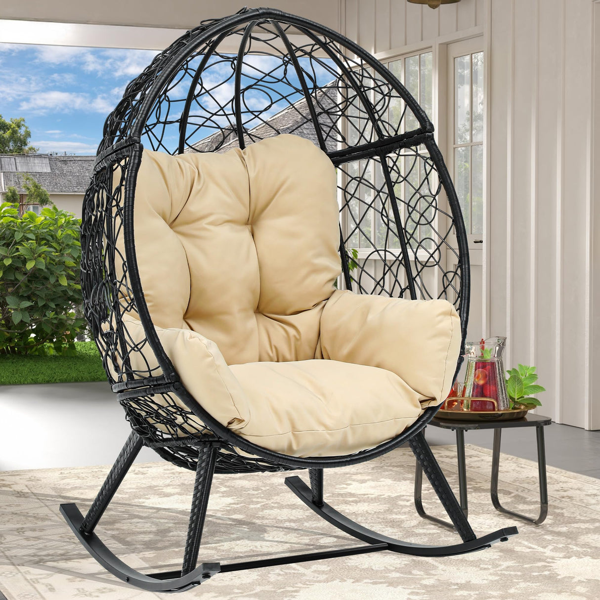 DWVO Wicker Rocking Egg Chair, Oversized Indoor Outdoor Rattan Rocking Chair, Indoor Outdoor Lounger for Patio, Backyard, Living Room, Black & Beige DWVO