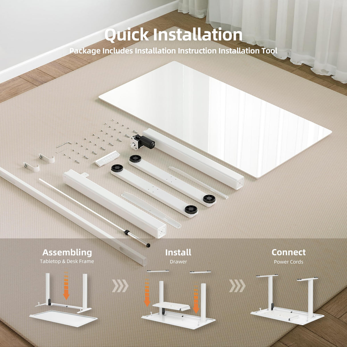 Claiks Glass Standing Desk with Drawers, 48×24 Inch Electric Adjustable Height Stand Up Desk Quick Install Computer Desk, White Claiks