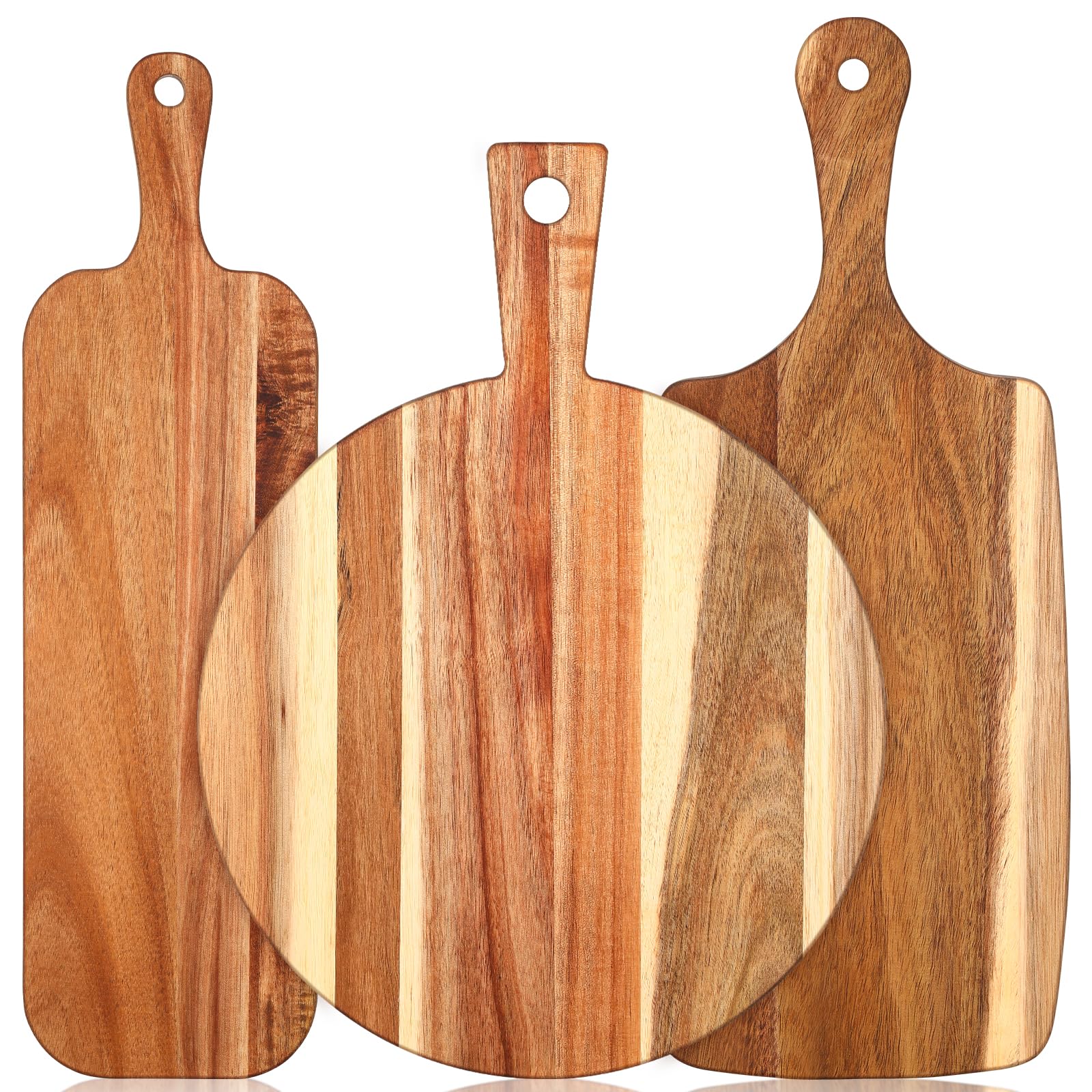 Uiifan 3 Pcs Acacia Wood Cutting Board with Handle Wooden Chopping Board Charcuterie Boards Assorted Size Serving Board Butcher Block Serving Tray for Cheese Pizza, 16 x 12 In, 17 x 7 In, 16  - WoodArtSupply