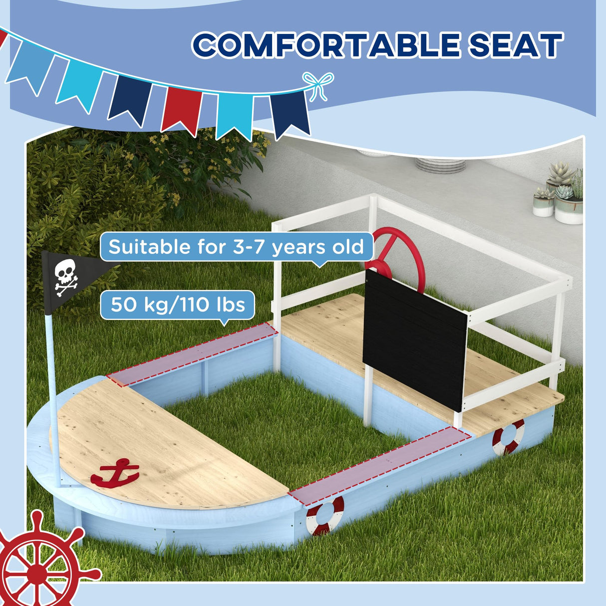 Outsunny Kids Wooden Sandbox, Pirate Ship Sand Pit with Flag, Blackboard, Rudder, Anchor Sign, Storage Deck for Backyard Garden, Gift for Age 3-7 Years, 68" x 44" x 39", Blue Outsunny