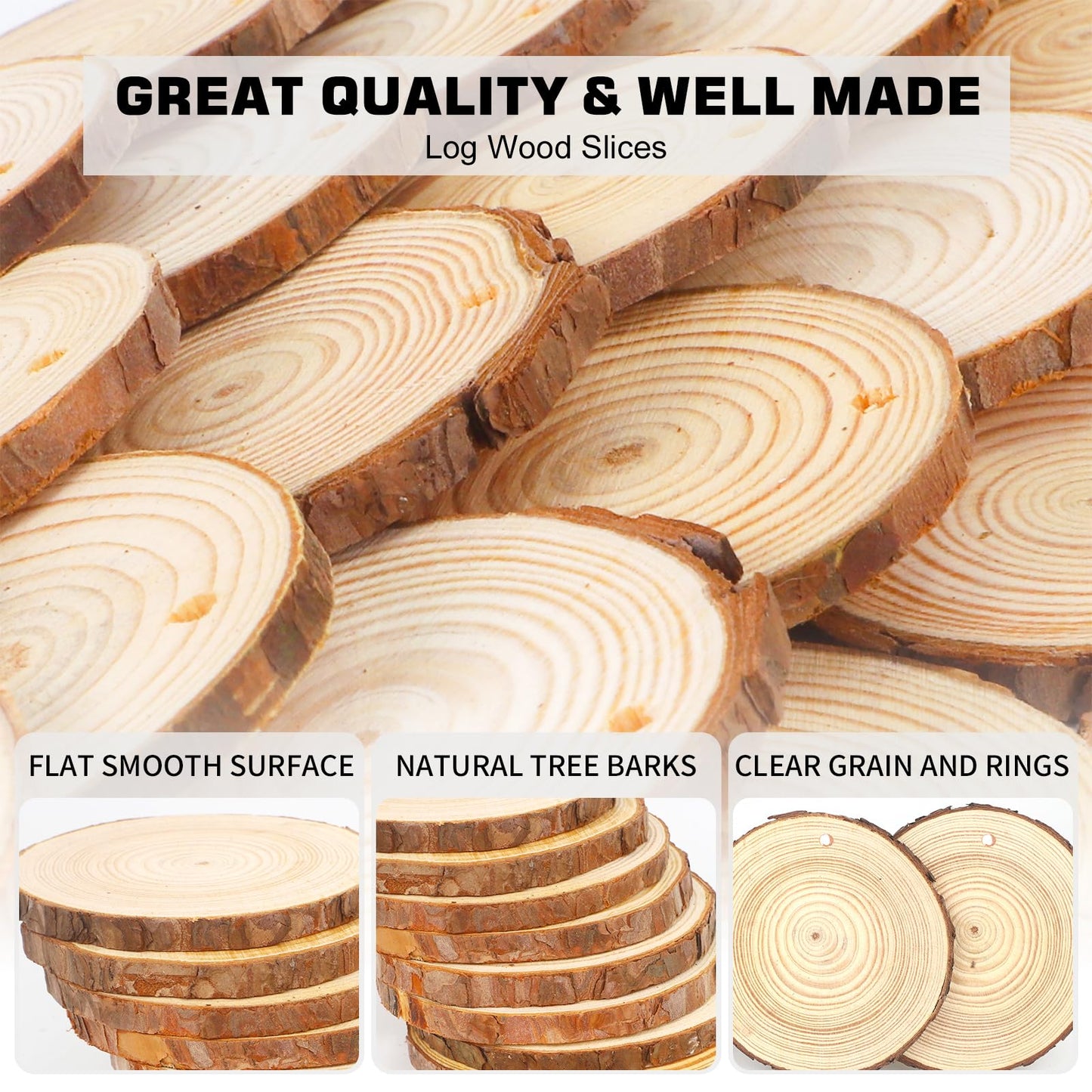 OPULANE Natural Wood Slices Ornaments 30Pcs 2.8-3.1 Inches Unfinished Wood Rounds with Predrilled Holes Round Wooden Circles with Tree Bark for Crafts Arts DIY Christmas Ornaments Burning Painting