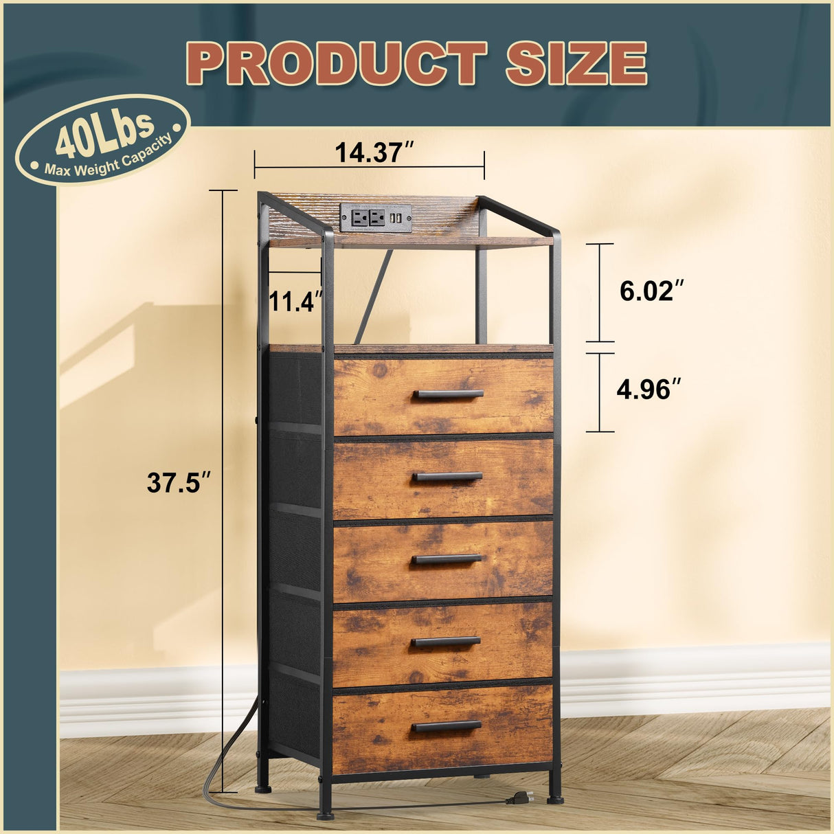 EKNKOZY Nightstand 5 Drawer Dresser with LED Lights and Charging Station, Vertical Side Table with Fabric Drawers, End Table with Open Shelf, Tall Dresser for Bedroom, Hallway, Entryway, Rustic Brown EKNKOZY