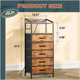 EKNKOZY Nightstand 5 Drawer Dresser with LED Lights and Charging Station, Vertical Side Table with Fabric Drawers, End Table with Open Shelf, Tall Dresser for Bedroom, Hallway, Entryway, Rustic Brown EKNKOZY