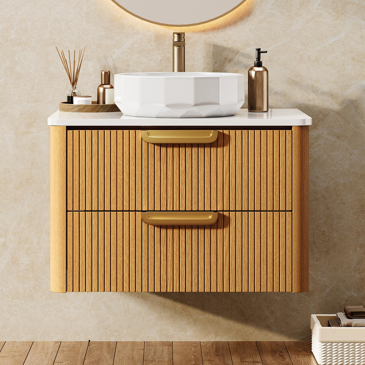 YITAHOME 30 Inch Floating Bathroom Vanity with Sink, Wall-Mounted Vanity with Engineered White Stone Top, 2 Large Storage Drawers with Faceted Ceramic Basin, Wood Grain Texture, Light Walnut YITAHOME