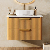 YITAHOME 30 Inch Floating Bathroom Vanity with Sink, Wall-Mounted Vanity with Engineered White Stone Top, 2 Large Storage Drawers with Faceted Ceramic Basin, Wood Grain Texture, Light Walnut YITAHOME