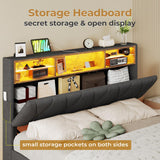ADORNEVE Full Size Bed Frame with LED Lights and Storage Headboard, LED Bed Frame with Outlets and USB Ports, Upholstered Platform Bed with Hidden Storage, Easy Assembly, Dark Grey ADORNEVE