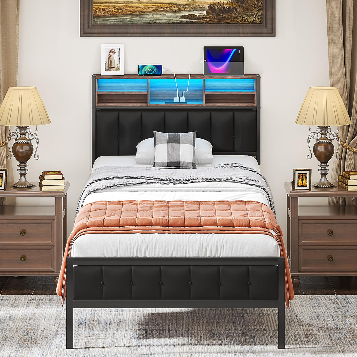 VECELO Farmhouse Metal Bed Frame Twin Size with Wooden Headboard & Footboard, Solid Platform Mattress Foundation with Storage, LED Light, Charging Station, USB Ports, Noise-Free, Easy Assembly, Black VECELO