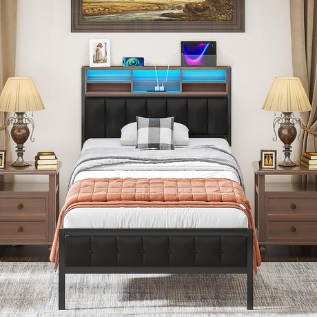 VECELO Farmhouse Metal Bed Frame Twin Size with Wooden Headboard & Footboard, Solid Platform Mattress Foundation with Storage, LED Light, Charging Station, USB Ports, Noise-Free, Easy Assembly, Black VECELO