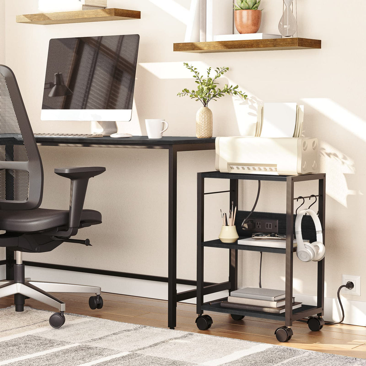 MAHANCRIS Industrial Printer Cart, 3-Tier Mobile Printer Stand, Rolling Cart with Power Outlets and USB Ports, Home Printer Stand with 2 Hooks, for Office, Living Room, Black PTHB40E01 MAHANCRIS