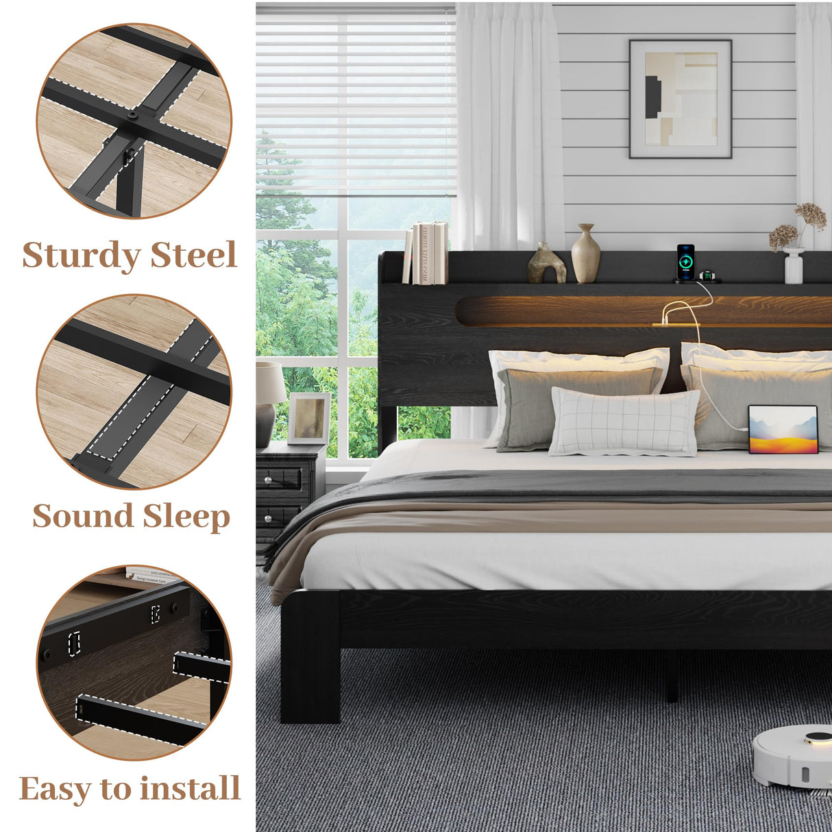 QNICE Wooden King Size Bed Frame with Storage Headboard & Charging Station, Farmhouse Platform Bedframe with LED Lights & Metal Slats Support, Easy Assembly (Rustic Black) QNICE